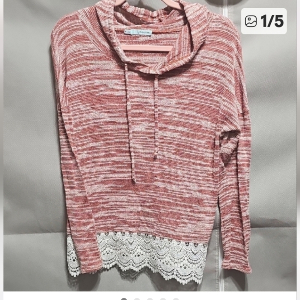 Pink Marled Hoodie Sweater with White Lace Hem